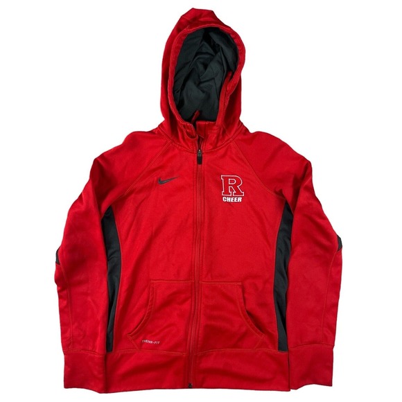 Nike‎ Therma-Fit Women Red Long Sleeve Full Zip Hooded Sweater Sz S R Cheer - Picture 1 of 7